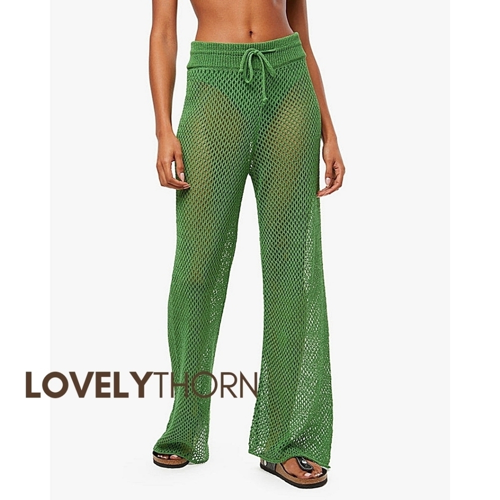 WE WORE WHAT // green crochet drawcord cover-up wide leg Danielle Bernstein - Picture 5 of 10